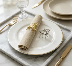 Close-up view of elegant metal reindeer napkin rings in gold and silver, perfect for holiday dining table decor.