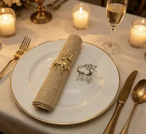 Elegant metal reindeer napkin rings in gold and silver, perfect for Christmas table decor.