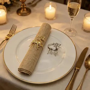Elegant metal reindeer napkin ring set, gold and silver elk napkin buckles for Christmas dining table.