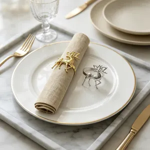 Elegant Christmas reindeer napkin rings in gold and silver metal, perfect for holiday table decor.