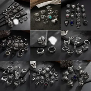 Ensemble de Bagues en Alliage Vintage pour Hommes Punk Gothique Crâne Lion Tête d'Animal Argent Antique Strass Bijoux Hip Hop