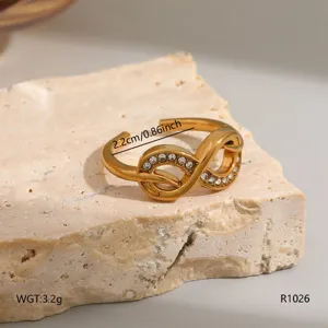 Gold titanium steel ring detail shot showcasing the sparkly crystal inlaid infinity design and size.