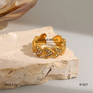 Gold titanium steel heart ring with sparkling rhinestones, elegant open finger ring for women.