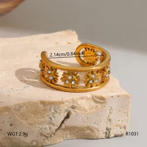 Exquisite titanium steel sun ring detail view, featuring sparkling rhinestones and elegant gold finish.