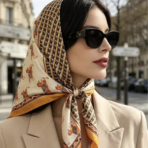 Women Vintage Horse Print Satin Square Scarf French Style Retro Elegant Head Scarf Neck Neckerchief Handbag Accessory