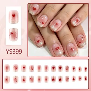 Short square press-on nails with pink gradient glitter and red heart designs 24pcs set