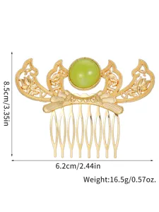 Vintage gold hair comb detail, ethnic alloy design with green resin rhinestone accent.
