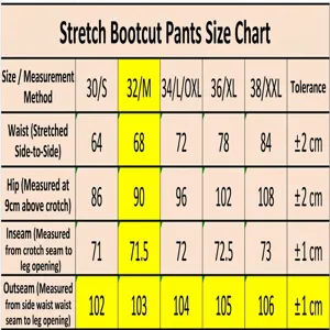 Guide des tailles pour jean femme stretch flare pantalon en denim tableau de mesures détail.