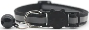 Detailed close-up view of black reflective pet cat collar featuring cute safety buckle and bell.