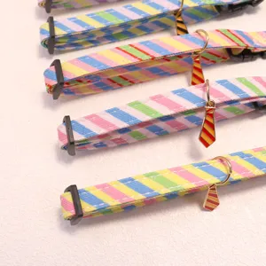 Colorful striped pet collar with cute tie charm, perfect for cats and small dogs daily wear.