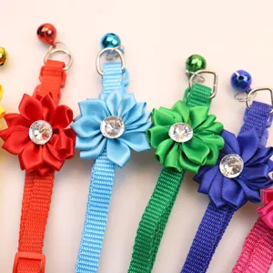 Colorful adjustable pet collar with satin flower rhinestone and metal bell for cats dogs