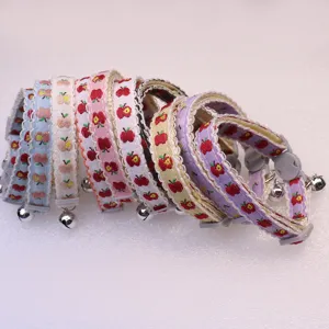 Cute apple print cat dog collar with lace trim and small bell vintage pet neck strap