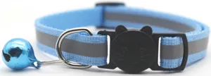 Close-up detail of the blue reflective pet collar with black cat buckle and metal bell.