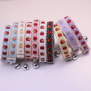 Cute apple embroidered pet collar with bell, vintage lace cat and dog neck strap, colorful design.