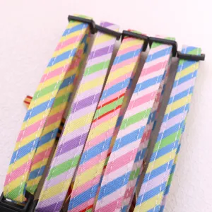 Closeup detail shot of colorful striped pet collar straps with plastic buckles for small pets.