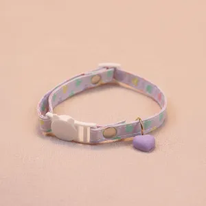 Cute purple heart print pet collar with safety cat buckle and cute heart charm for cats dogs.