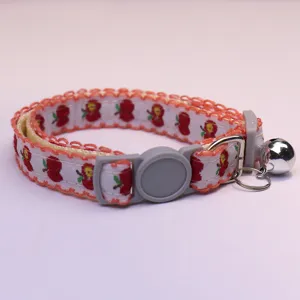 Cute apple print pet cat collar with lace trim, safety buckle and bell for small dogs.