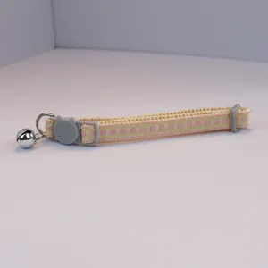 Cute plaid pet collar with bell and cat safety buckle detail view for cats and small dogs