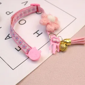 Pink floral pet cat collar with cute flower decor, safety buckle, bells, and lovely tassel.