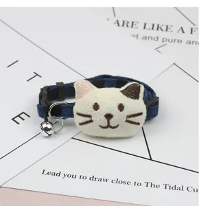 Cute plaid pet collar with plush cat and bell, adjustable cat and dog necklace for daily wear.