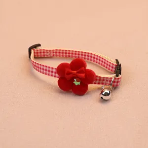 Red plaid pet collar with cute plush flower and bell, perfect for cute cats and small dogs.
