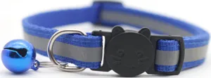 Blue reflective pet cat collar with safety buckle, metal D-ring and bell for daily use.