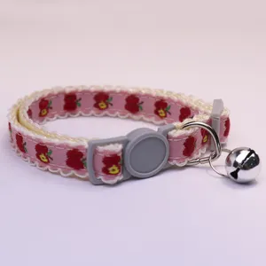 Cute pink apple print pet collar for cats and small dogs with lace trim, safety buckle and bell.