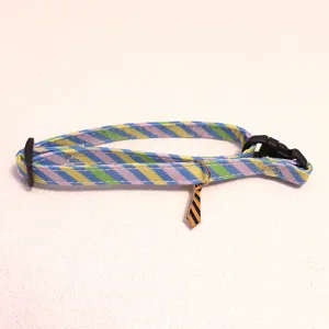 Colorful striped pet collar with tie pendant for cats and small dogs adjustable neck strap.