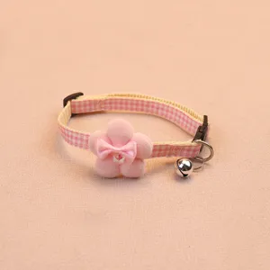 Cute plaid pet collar with plush flower bow and bell for cats and dogs, pink kitten neck strap.