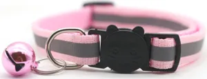 Pet reflective collar detail shot featuring pink nylon strap, safety buckle, and cute bell.