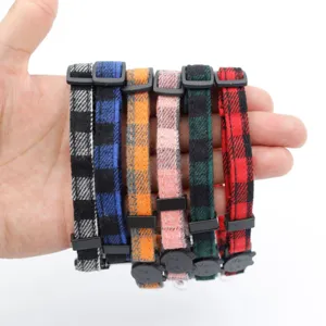 Plaid pet collar with bell and safety buckle, adjustable soft fabric cat and small dog collar