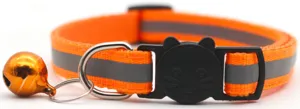 Reflective cat collar with safety buckle and bell, orange pet collar for cats and small dogs.