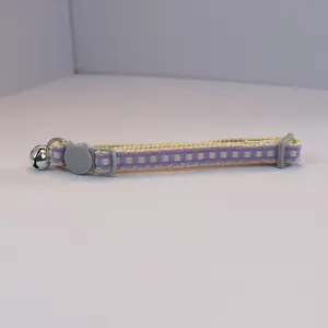 Cute purple plaid pet collar with bell and cat buckle for small cats and dogs daily wear