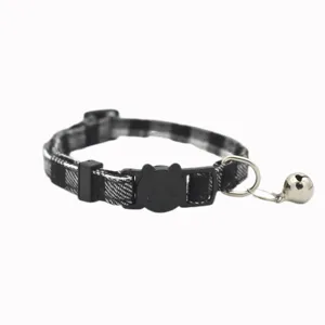 Plaid pet cat collar with cute cat face safety buckle and metal bell for kittens dogs