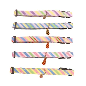 Colorful striped pet collar with cute tie pendant, adjustable neck strap for small cats and dogs.