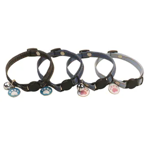 Adjustable denim pet collar with bell and cute paw print charm for cats and small dogs