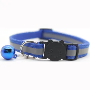 Blue reflective pet cat collar with cute safety buckle and bell for daily walking.