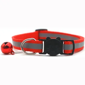 Red reflective pet cat collar with cute safety buckle and metal bell for daily use