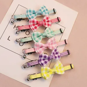 Cute Plaid Bowknot Pet Collar With Bell Polyester Adjustable Cat Dog Puppy Neck Strap Daily Pet Accessories