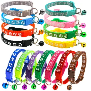 Cute Paw Print Pet Collar Small Dog Puppy Teddy Cat Necklace Collar With Bell Adjustable Nylon Safety Buckle Pet Accessories