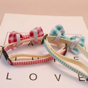 Cute plaid bow pet collar for cats and small dogs adjustable cute puppy neck strap detail view