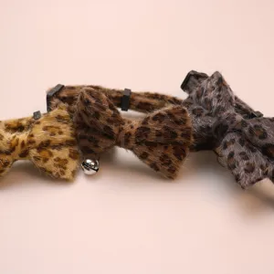 Leopard print plush bowknot pet collar with cute bell, stylish strap for small cats.