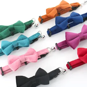 Soft velvet pet collar with bowknot and bell for small cats and dogs, colorful pet neck strap.