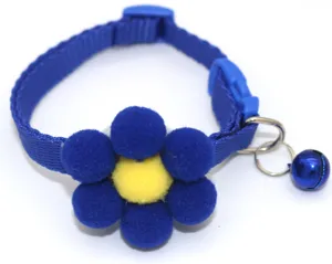 Cute blue pet collar with plush sunflower charm and bell, perfect for small dogs and cats.