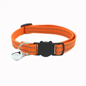 Orange reflective cat collar with safety buckle, metal D-ring and bell for pets.