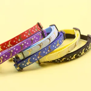 Cute pet collars with gold foil star and moon print, colorful nylon cat and dog neck straps.