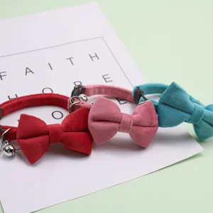 Velvet cat collar with bow and bell, soft suede adjustable small dog neck strap in 3 colors.