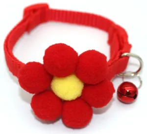 Close-up view of red pet collar featuring cute sunflower plush pom-pom and small red bell.