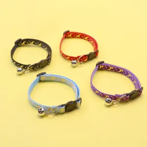 Colorful nylon pet cat collar with moon star print, safety buckle and bell for small dogs.