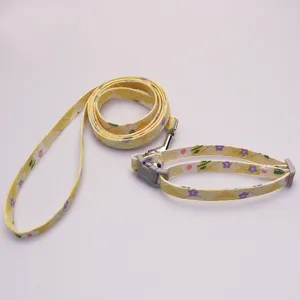 Floral pet collar and leash set for small dogs cats cute yellow walking lead strap.